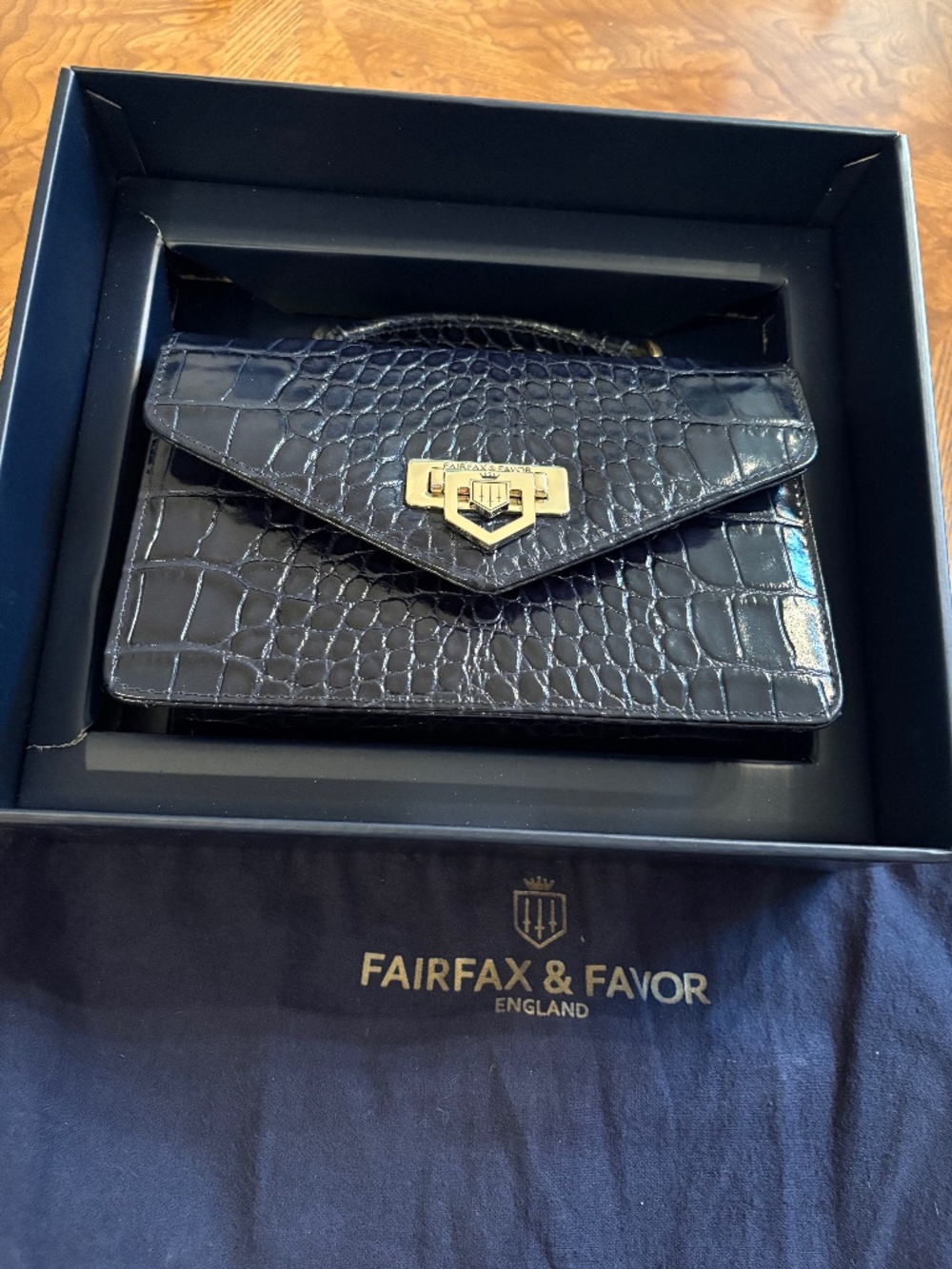 Fairfax and Favor England Mini Loxley  Handbag in Navy Croc NWB